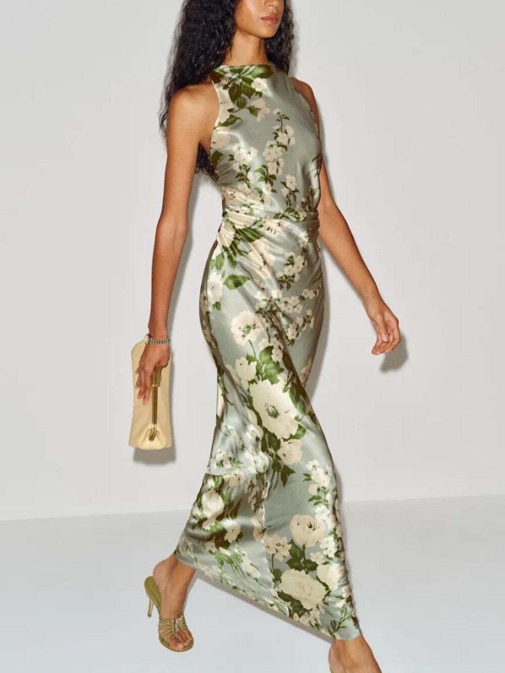 NEW Reformation Anaiis Long Silk Backless Dress Tarragon Green Floral US 2 UK 6